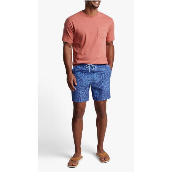 Peter Millar Atlantic Blue Tropical Leaf Print Swim Trunks - Picture 1 of 6